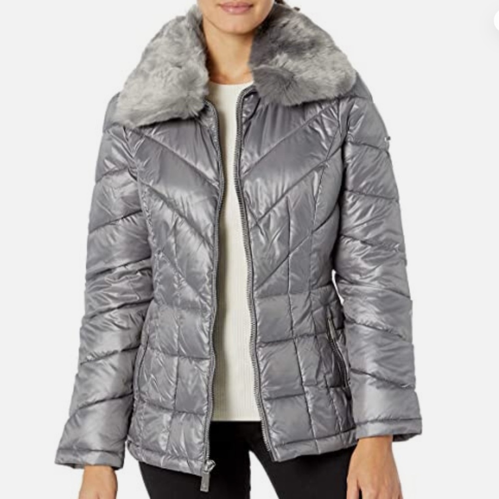 Kenneth Cole Taupe Puffer Jacket with Faux Fur Collar